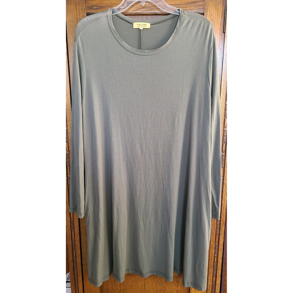 Piko 1988 Olive Green Bamboo Blend Long Sleeve Tunic Dress Top with Pockets XL